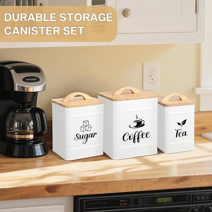 Maxdot 3 Set Coffee Sugar Tea Containers, Square Airtight Kitchen Canisters - Image 6