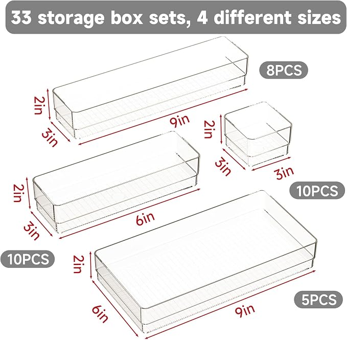 33 PCS Clear Plastic Drawer Organizer Set, 4 Sizes Acrylic Drawer Storage Trays - Image 2