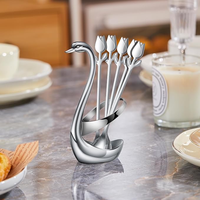 Silver Small Coffee Spoon Holder Set, Swan Base - Image 6
