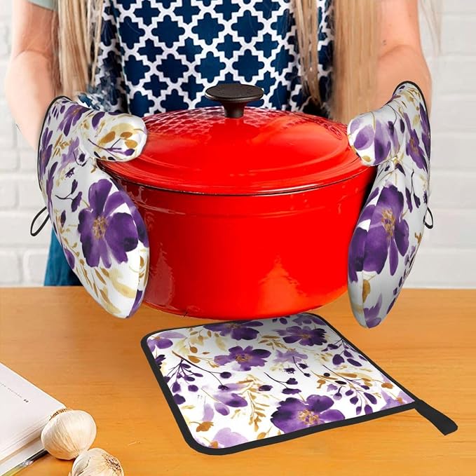 Spring Purple and Gold Floral Oven Mitts and Pot Holders Sets of 3, Non-Slip - Image 3