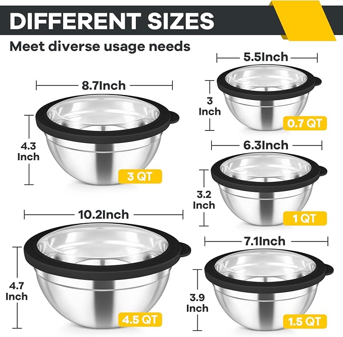 TeamFar Mixing Bowls Set, 4.5/3/1.5/1/0.7 QT Stainless Steel Nesting Salad Bowls - Image 2