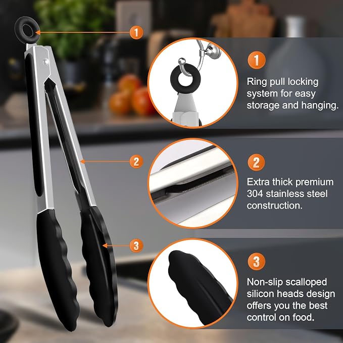 2 Pack Black Premium Stainless Steel Heat Resistant Kitchen Tongs - Image 6