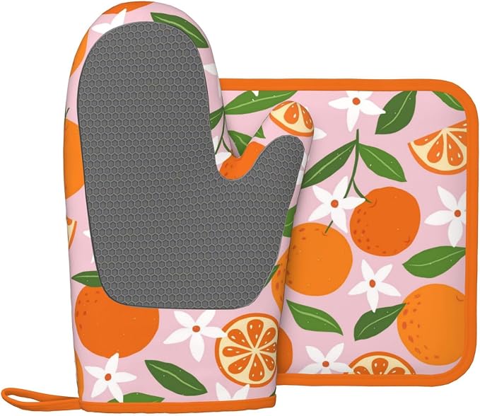 Tropical Fruit Oranges Silicone Oven Mitts Pan Mats Set of 2, Heat Resistant - Image 2