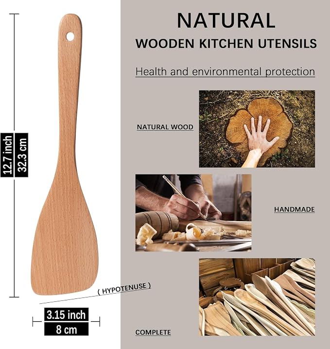2PCS Wooden Spatulas for Cooking, 12.8inch Coated Beech Wood Turners for Frying - Image 2