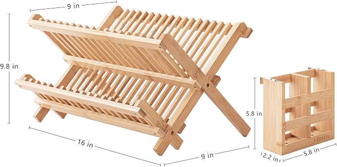 HBlife Dish Rack, Bamboo Folding 2-Tier Collapsible Drainer Dish Drying Rack - Image 3