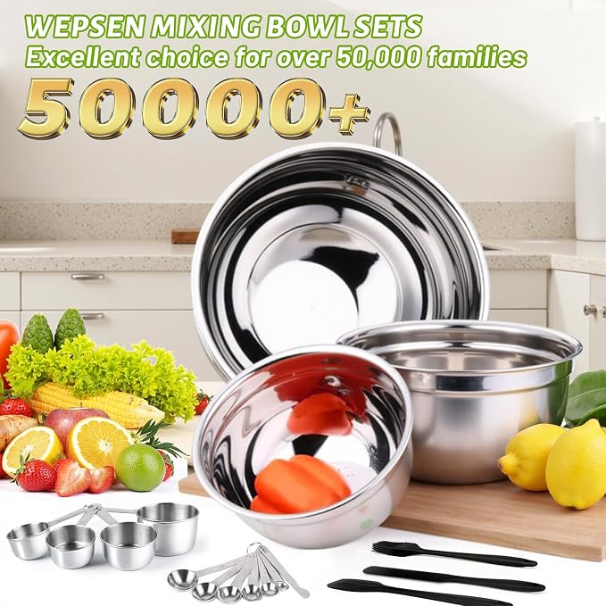 WEPSEN Mixing Bowls Set, Large Nesting Bowls 7, Measuring Cups and Spoons - Image 2
