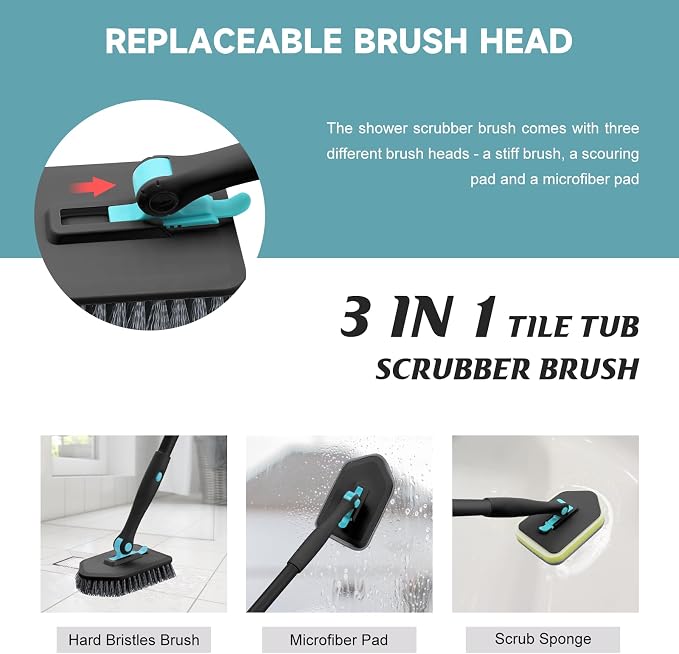 nacena Shower Scrubber with Long Handle, 4 in 1 Tile Tub Scrubber Brush with 3 - Image 4