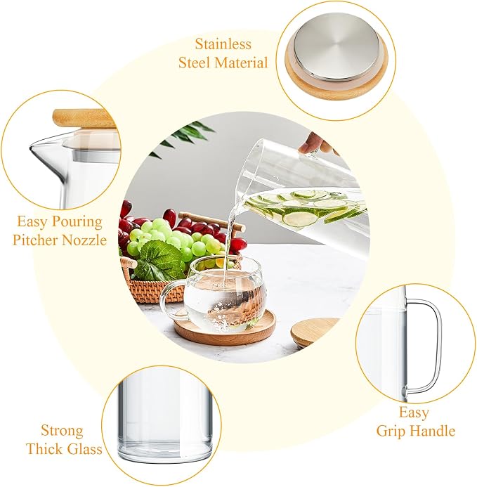 Hsei 2 Sets Glass Pitcher with Lid, 50 oz / 1500 ml Water Carafe with Handles - Image 4