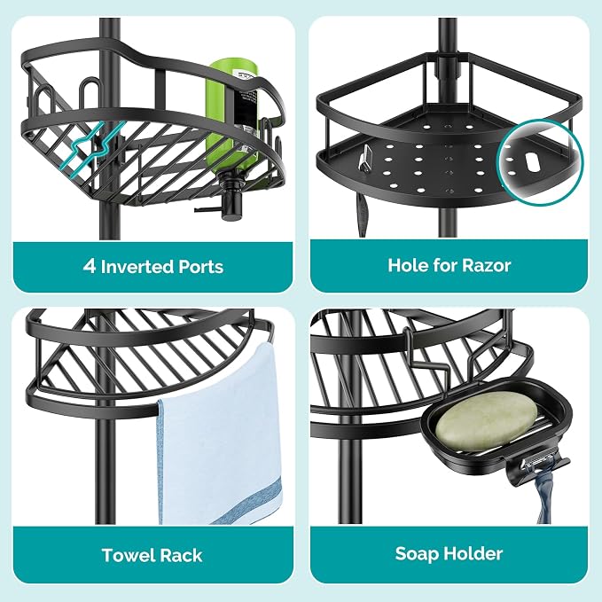 HAMITOR Corner Shower Caddy Tension Pole: Rustproof Stable 4-Tier Bathroom - Image 6