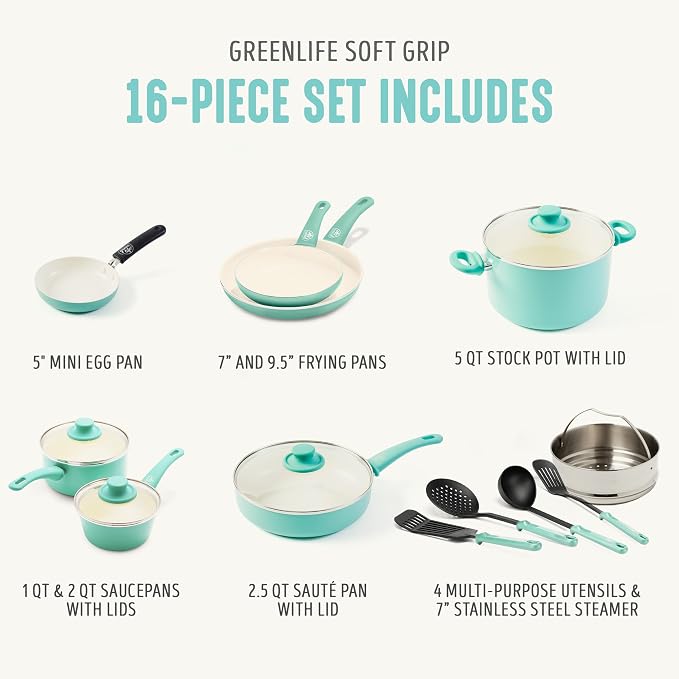 GreenLife Soft Grip 16 Piece Cookware Set, Non-Toxic PFAS-Free Ceramic Nonstick - Image 4