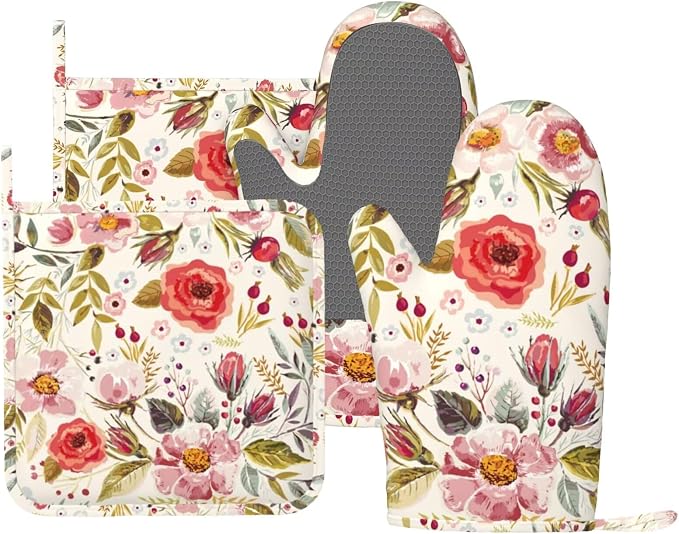 Wildflowers Floral Oven Mitts Pot Holders Set Silicone Heat Resistant Botanical by LONSANT