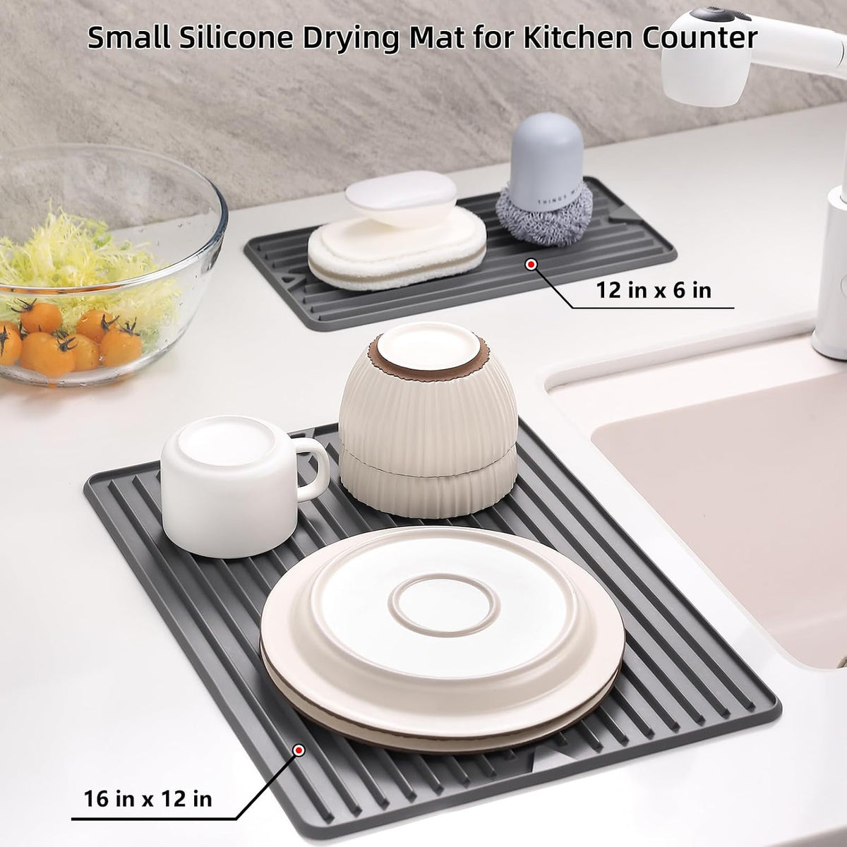Mini Silicone Dish Drying Mat, 6" x 12", Grey