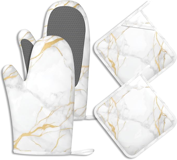 White Gold Marble Pot Holders and Oven Mitts Set Silicone Abstract Marble by BIGXIUKA