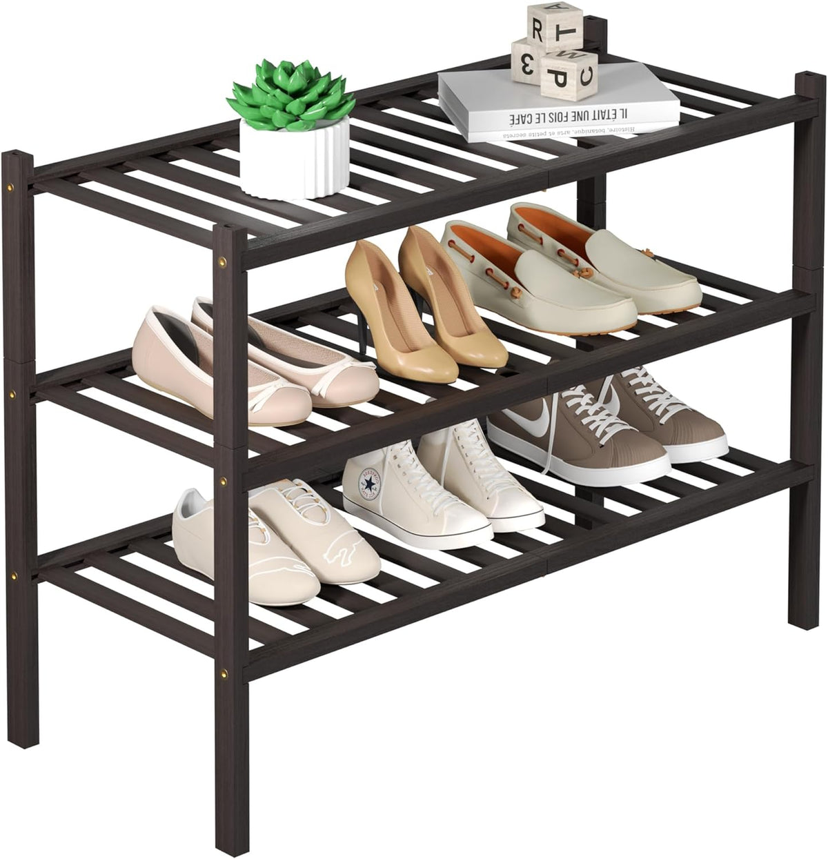 ROMGUAR CRAFT 3 Tier Bamboo Shoe Rack for Closet Free Standing Wood