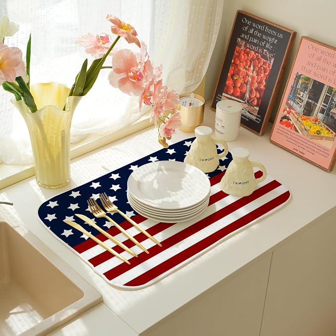 4th of July Dish Drying Mat 18 x 24 Inch Patriotic Red Stripe Navy Blue Stars - Image 6