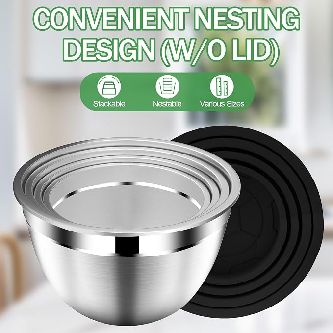 DUTZUN Mixing Bowls with Lids Set, Stainless Steel Mixing Bowls with Colander - Image 4