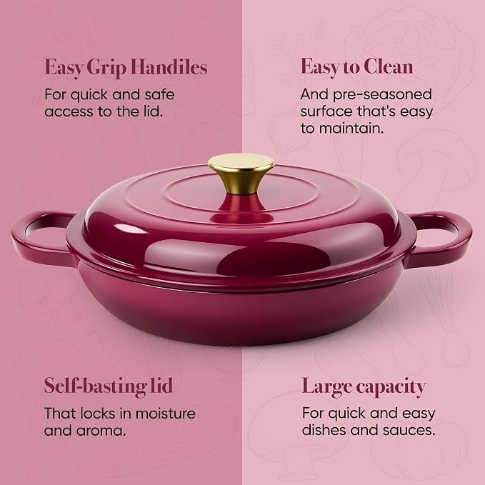 3 Quart Enameled Cast Iron Braiser, Non Stick Enameled Cast Iron Skillet - Image 7