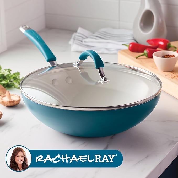 Rachael Ray Cucina Ceramic Nonstick Stir Fry Pan and Lid, 11 Inch Non Stick Wok - Image 7