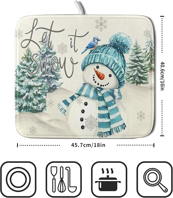 Giwawa Blue Snowman Dish Drying Mat Xmas Trees Bird Winter Snowy Scene Dish - Image 2