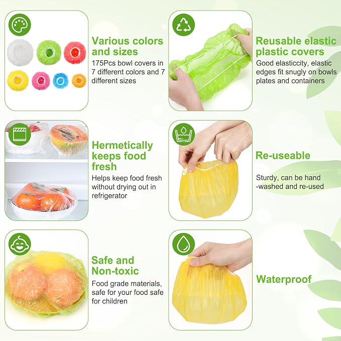 175Pcs 7 Colors Reusable Elastic Food Covers, Sublaga 7 Sizes Plastic Bowl - Image 3