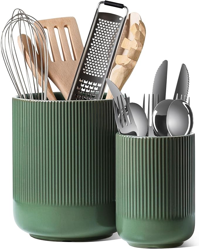 LE TAUCI Utensil Holder for Kitchen Counter, 7.3"+5.4" Fluted Ceramic Utensil by LETAUCI