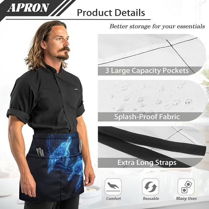 Server Apron with 3 Pockets, Waterproof Oil Waitress Waiter Half Apron - Image 6