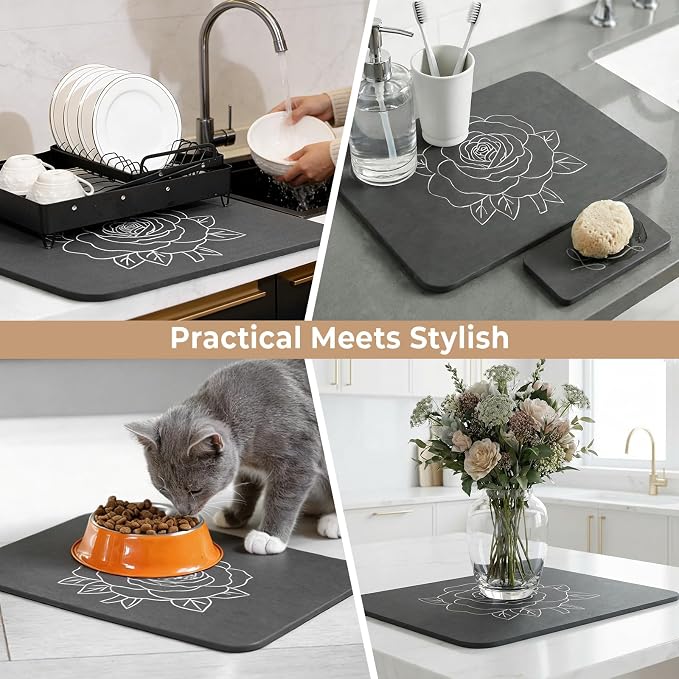 Stone Dish Drying Mat for Kitchen Counter, Glittery Resin Rose Pattern Quick - Image 7