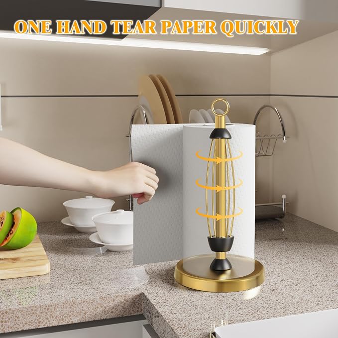 Gold Paper Towel Holder Countertop, One-Handed Tear, Stainless Steel, Weighted - Image 2