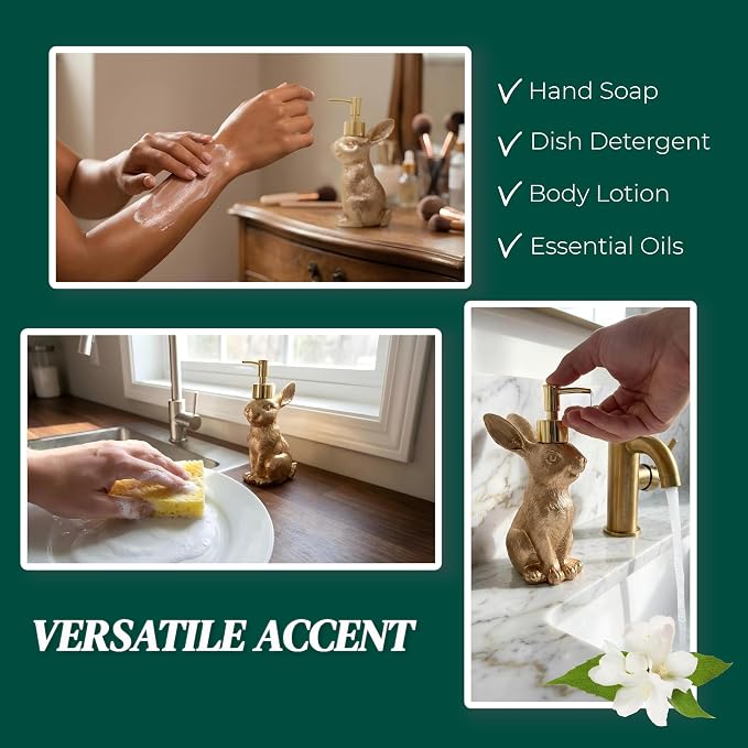 Gold Bunny Soap Dispenser Set of 2 – Vintage Rabbit Hand & Dish Soap Dispensers - Image 5