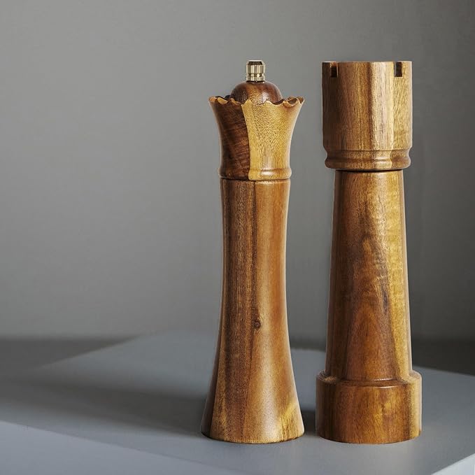 Wooden Salt and Pepper Grinder Set Chess Piece Design – Refillable Manual Spice by Unknown