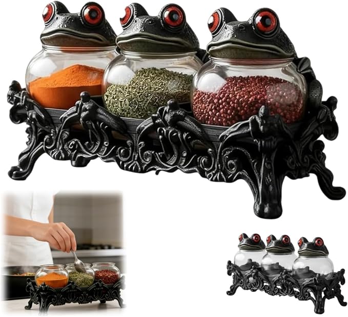 Witchy Frog Apothecary Spice Jars, Handcrafted Vintage Glass Storage Jars by Unknown