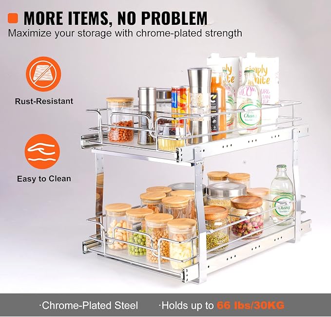 VEVOR Pull Out Cabinet Organizer, Chrome-Plated Steel Roll Out Drawer - Image 4