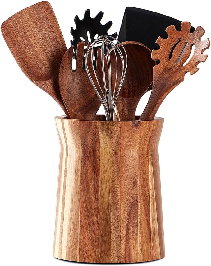 Wooden Utensil Holder for Countertop, 360° Rotating Kitchen Utensil Holder by LOHONER