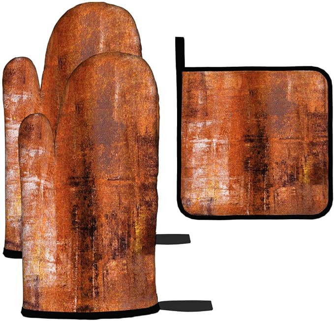 LOKMU Oven Mitts and Pot Holders Set of 3, Burnt Orange Abstract Art Heat by LOKMU