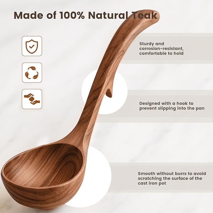 HANSGO Wooden Ladle for Cooking, Wooden Soup Spoons, Natural Teak Wood Serving - Image 4