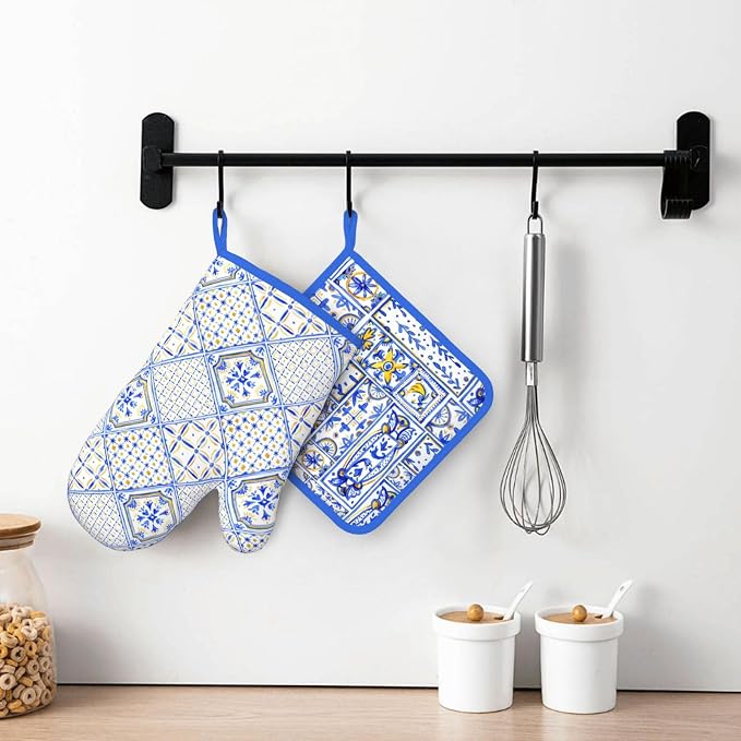 Blue Boho Geometric Silicone Oven Mitts Pan Mats Set of 2, Heat Resistant - Image 6