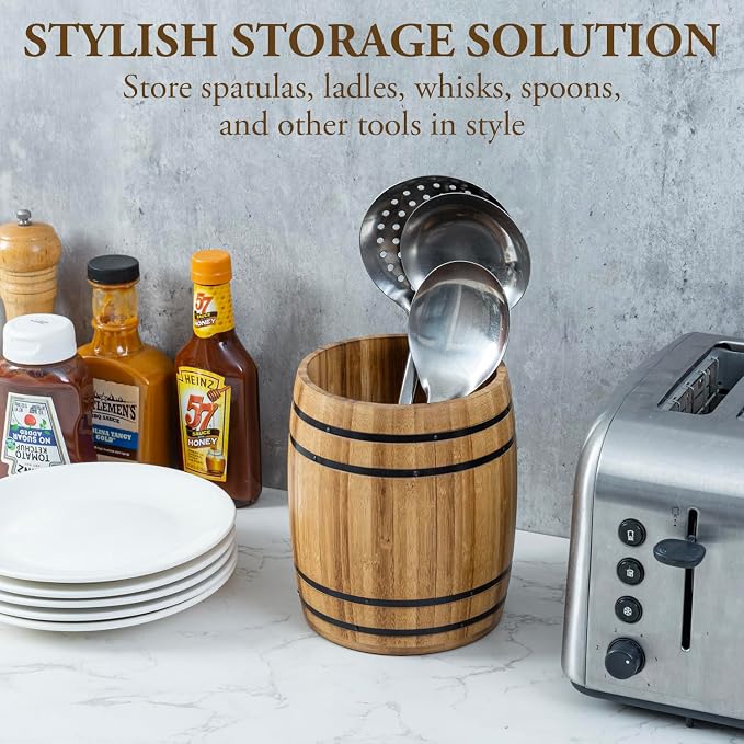 MyGift Wine Barrel Design Kitchen Utensil Crock, Light Brown Solid Bamboo Wood - Image 3
