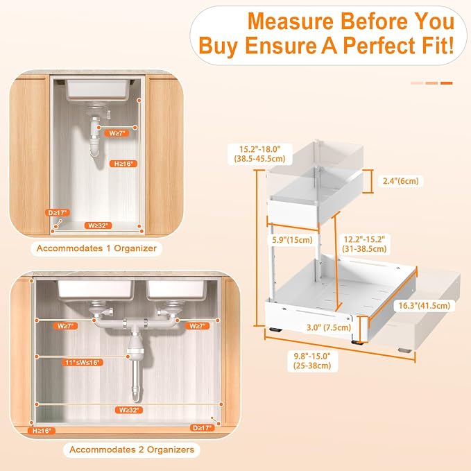YJHome 2 Pack Expandable Under Sink Organizer, 2 Tier Pull Out Cabinet Organizer - Image 7