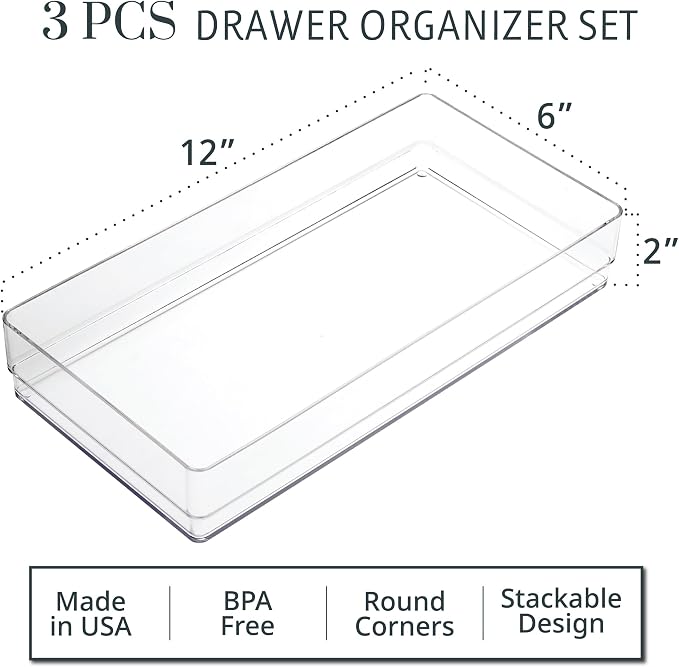 STORi SimpleSort 3-Piece Stackable Clear Drawer Organizer Set | 12" x 6" x 2" - Image 2