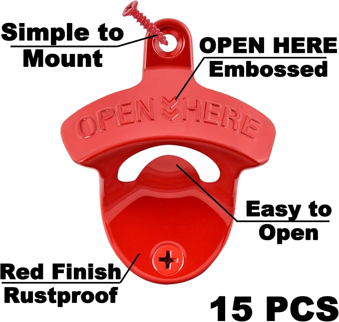 15 PCS Red Wall Mounted Beer Bottle Opener Rustproof, Bulk Soda Cap Opener - Image 2