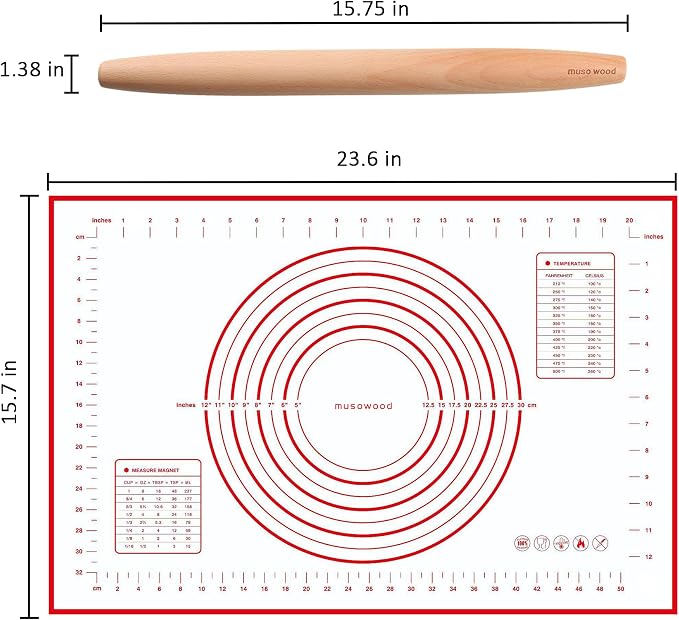 Muso Wood French Rolling Pin and Silicone Baking Mat Set, 15.75 Inch Beech Wood - Image 2