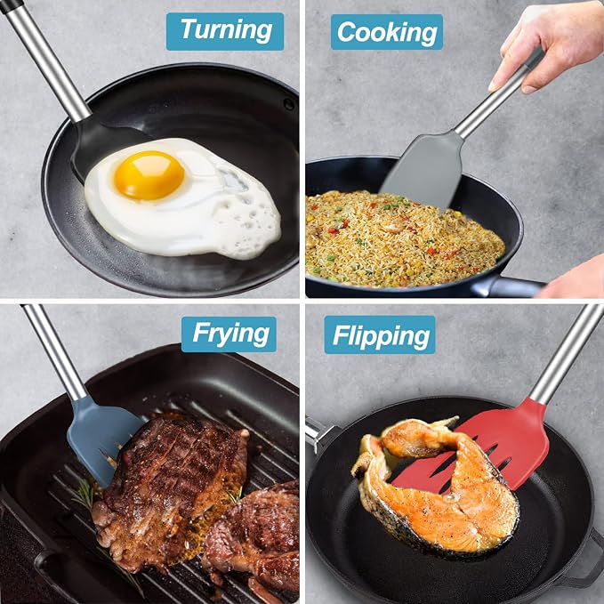 2 Pack Spatulas, Solid & Slotted Silicone Spatula Set, Stainless Steel Handle - Image 8