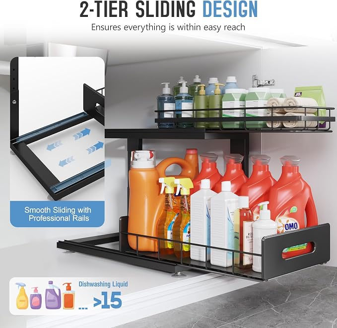 Under Sink Organizer Upgrade To Professional Rails, 2-Tier Dual Pull Out - Image 5