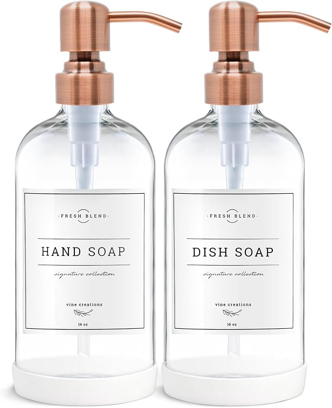 Vine Creations Clear Glass Soap Dispenser, 2 Pack Kitchen Soap Dispenser Set by VineCreations