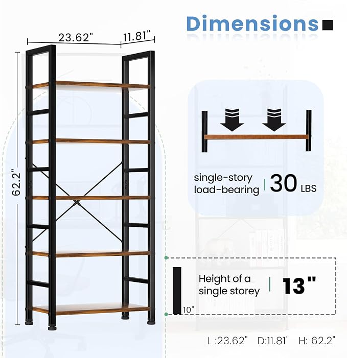 DUMOS 5 Tiers Bookshelf, Classical Modern Book Shelf, Tall Display Shelves in - Image 3