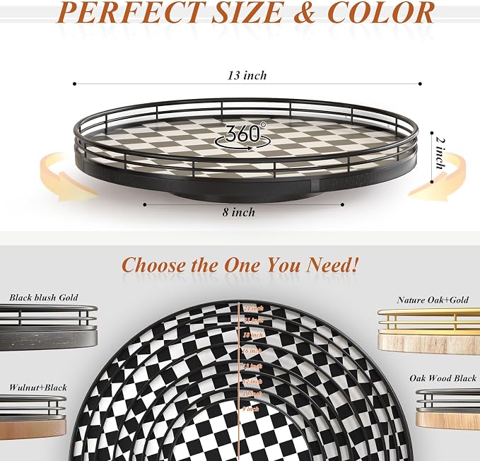 Black and White Kitchen Lazy Susan Turntable – Checkered Round Decorative Tray - Image 6
