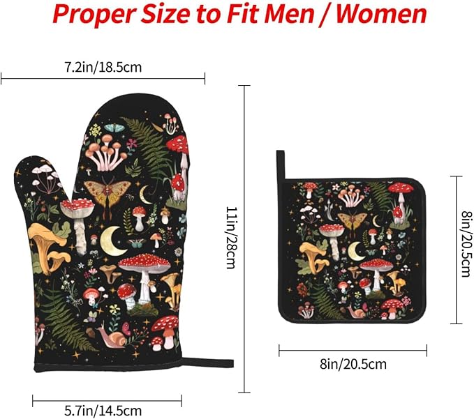 Mushroom Oven Mitts and Pot Holders Sets, Heat Resistant Black Hot Pads Witchy - Image 4