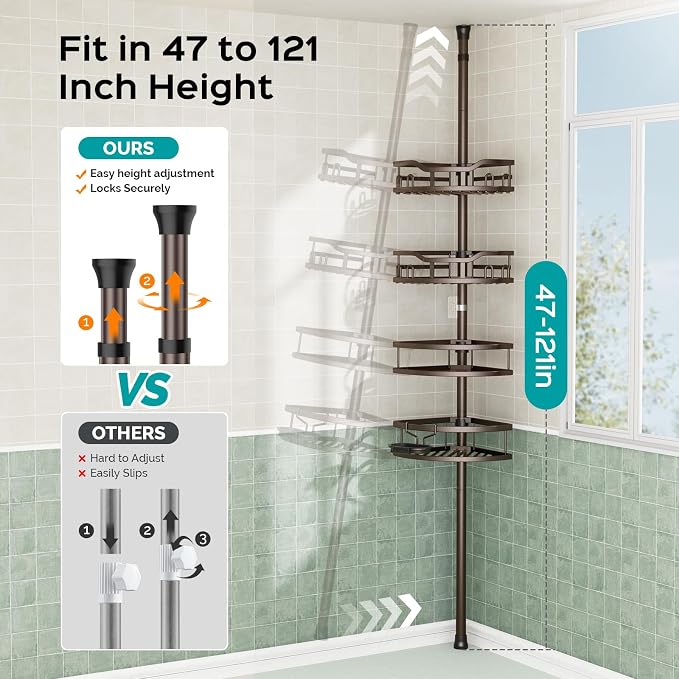 HAMITOR Corner Shower Caddy Tension Pole: Rustproof Stable 4-Tier Bathroom - Image 4