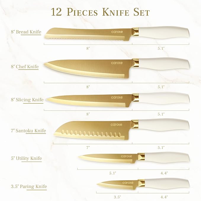 CAROTE 12PCS Kitchen Knife Set, Healthy Gold Titanium Coating Knife Set - Image 2
