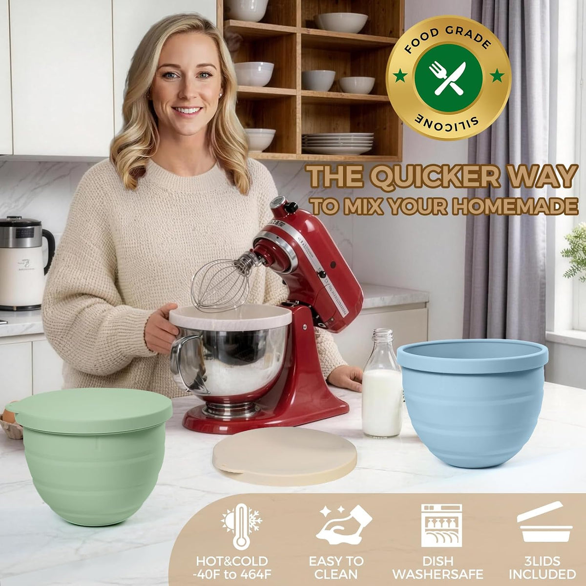 4.5 Qt Collapsible Silicone Bowl Liners for KitchenAid Stand Mixer